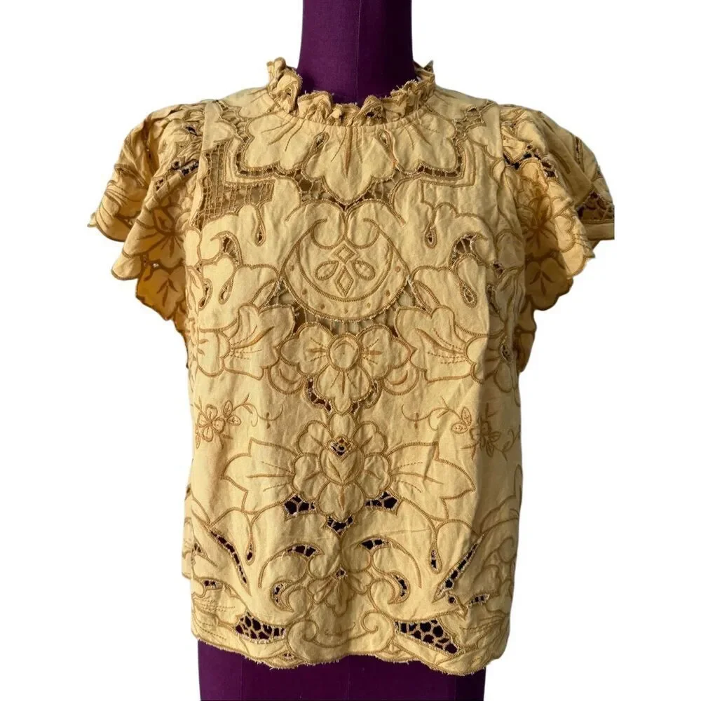 Anthropologie Lainie High Neck Cutwork Blouse Top Yellow XS Short Sleeve - Picture 2 of 8
